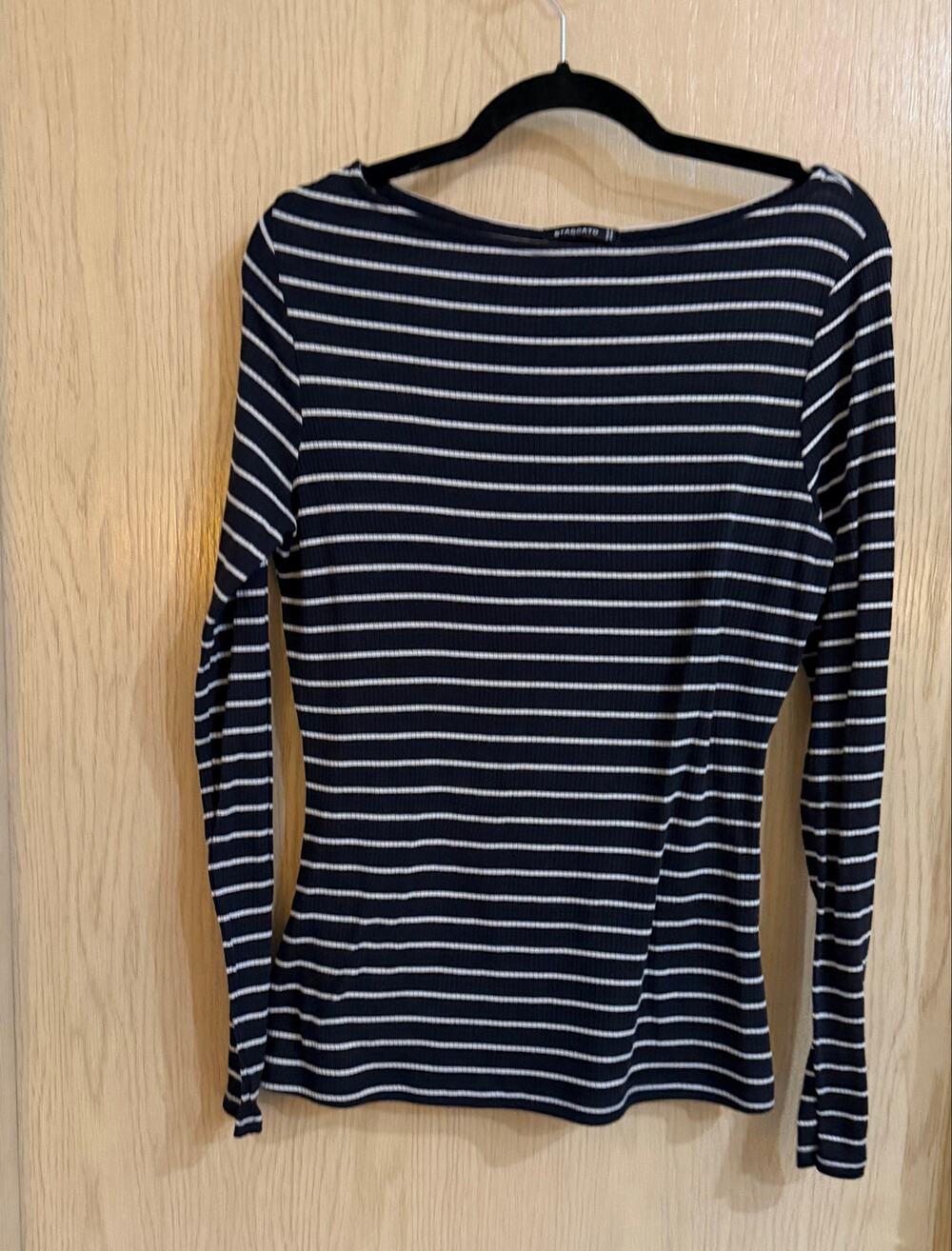 Staccato Large Black White Striped Ribbed Boat Neck Long Sleeve Top